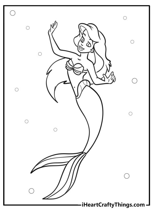 Coloring page for children featuring floating mermaid Ariel with widely spread arms