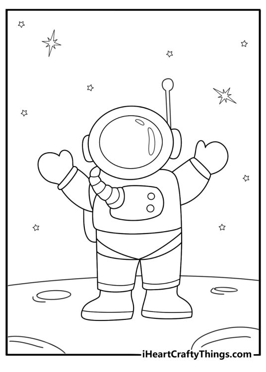 simple astronaut coloring page setting up a research antenna next to a small moon habitat