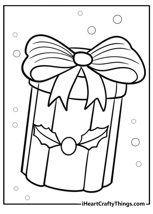 Tall cylinder-shaped gift box with big bow and festive decoration featured in printable coloring page