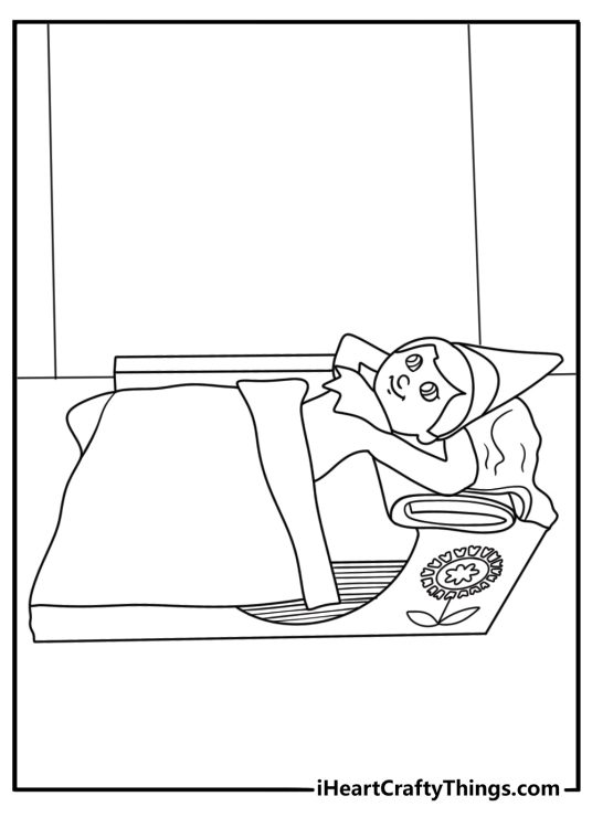 simple elf on the shelf coloring page with elf resting in a tissue box bed