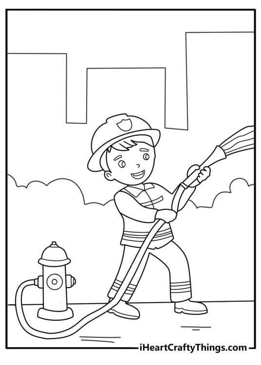 simple fire hydrant training drill coloring sheet firefighters connect a hose and test water pressure for kids