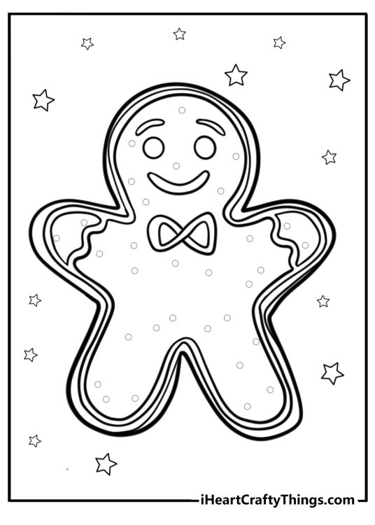 Coloring page depicting simple design Christmas Gingerbread man with stars all around