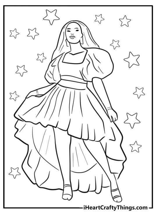 Picture of a woman posing in a maxi dress with high low skirt surrounded by stars