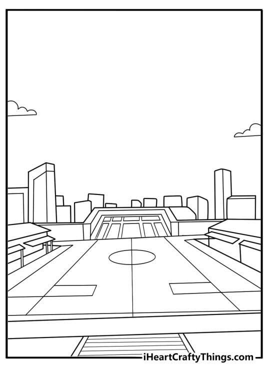 simple metropolis coloring page city stadium with tiered seats and skyline in the back