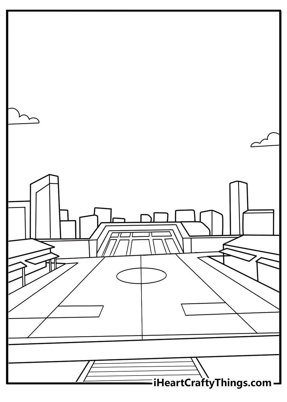 simple metropolis coloring page city stadium with tiered seats and skyline in the back