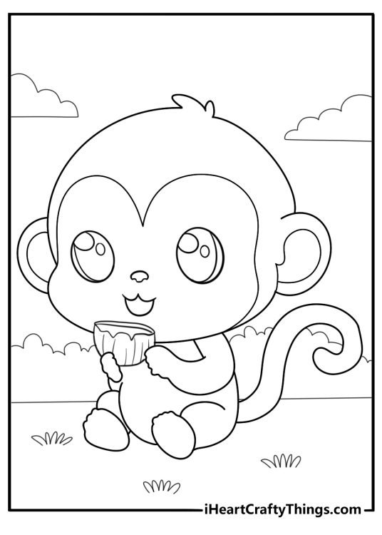 simple monkey eating coconut coloring sheet for kids