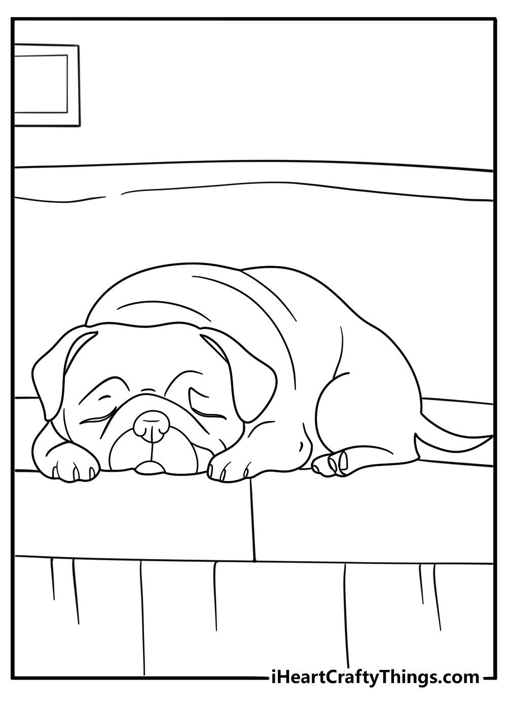sleepy pug coloring page curled up on couch with blanket simple design for kids
