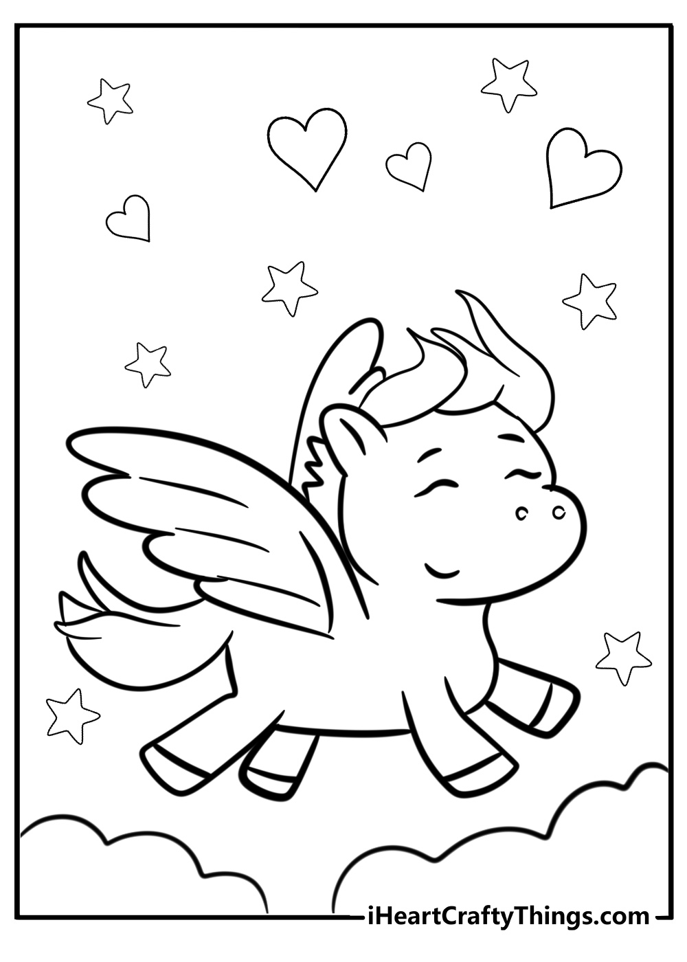 Smiling chibi pegasus coloring page for preschoolers