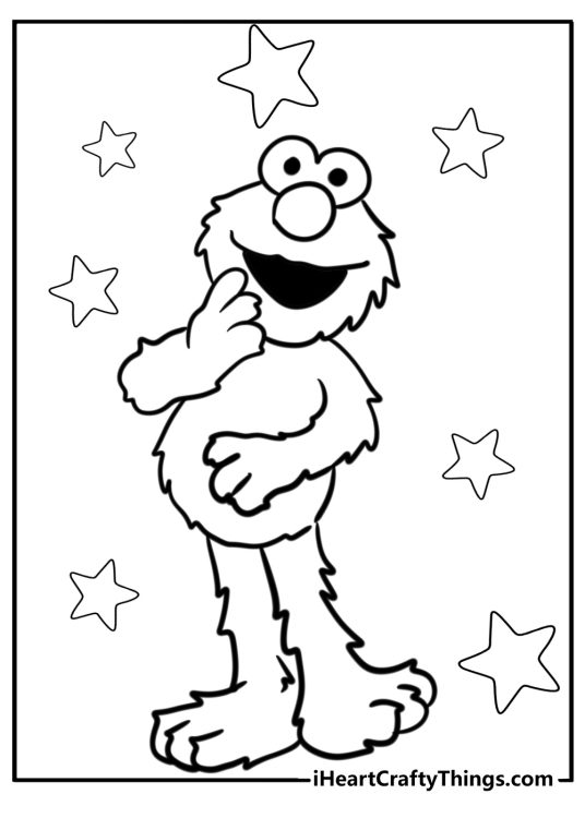 Picture to color of a smiling Elmo from Sesame Street posing surrounded by stars
