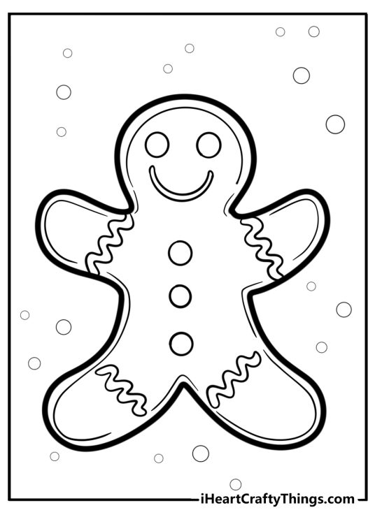Coloring book page featuring Christmas Gingerbread man with round eyes and round buttons
