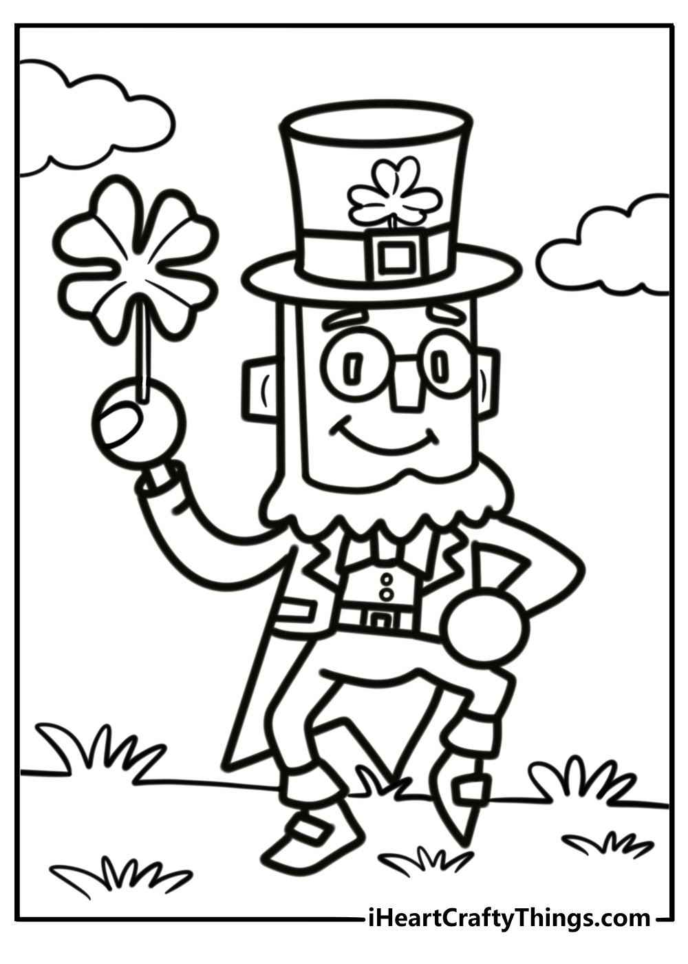 Smiling leprechaun holding a four leaf clover coloring page