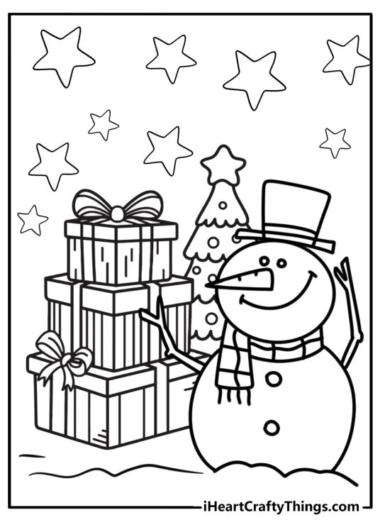 Christmas-inspired printable featuring a cute snowman pile of gifts and a Christmas tree surrounded by stars