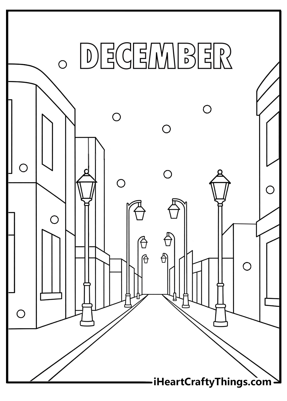 snowy city street with glowing streetlights fills this detailed december coloring sheet