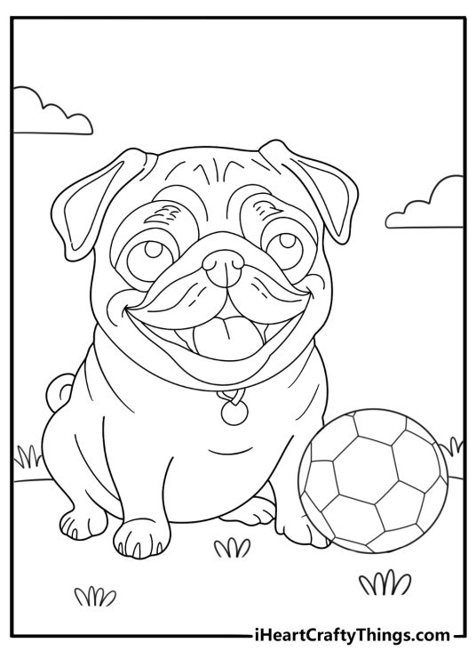 sports pug coloring page pug with soccer ball on grass simple outline for kids printable