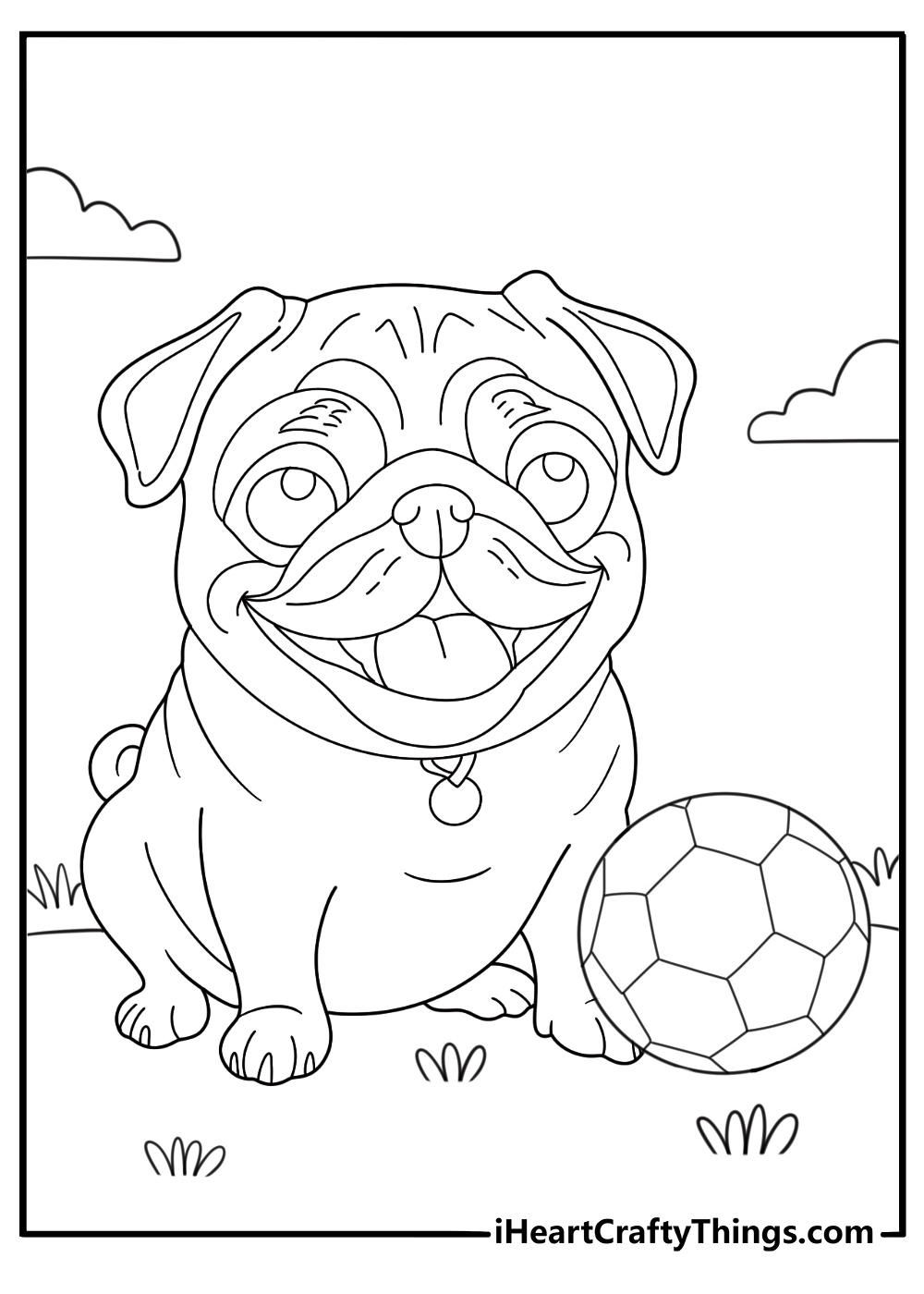 sports pug coloring page pug with soccer ball on grass simple outline for kids printable