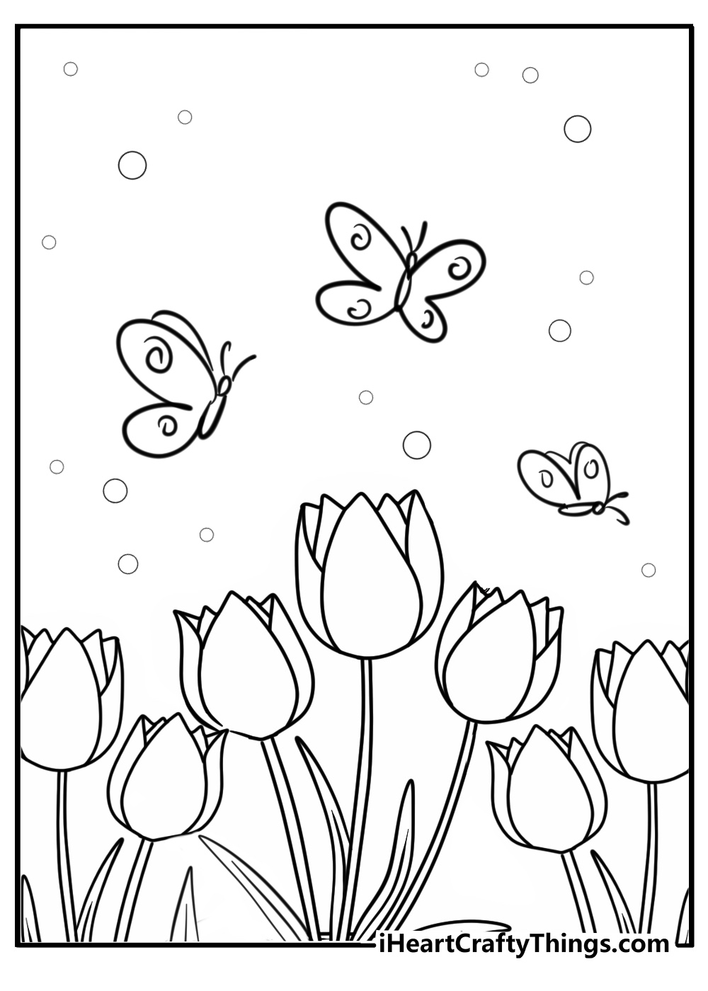 Spring garden with tulips and butterflies coloring sheet