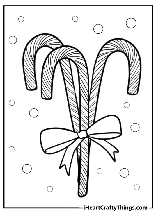 Detailed black-and-white drawing presenting three candy canes tied with a ribbon