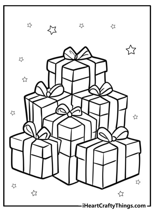 Black-and-white picture presenting a stack of Christmas gifts surrounded by stars