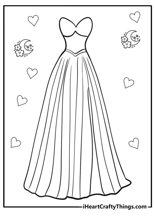 Free printable coloring sheet for children presenting plunging dress with large skirt