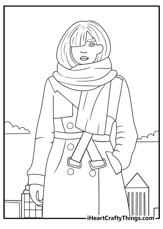 street style look with long scarf and trench on city walkway fashion coloring page download