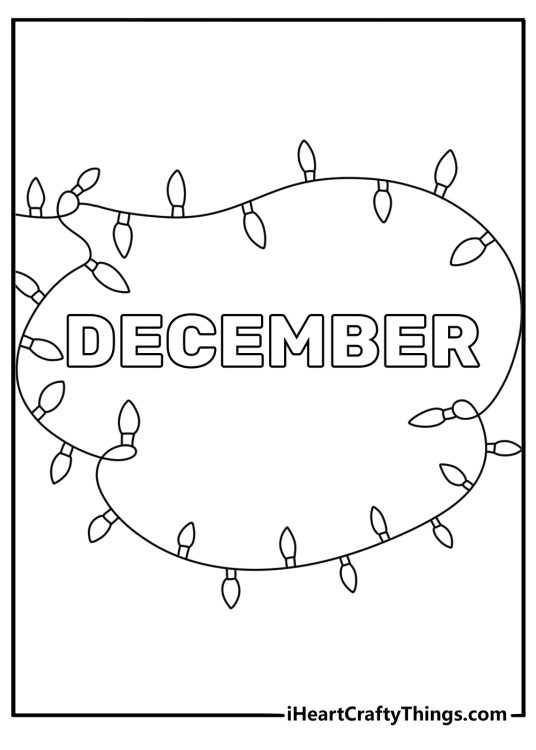 string of holiday lights frames the word december in this simple coloring sheet