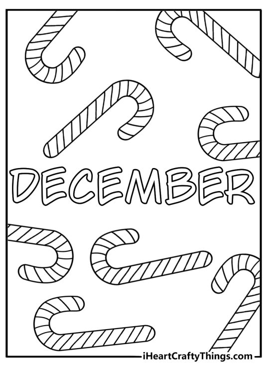 striped candy canes surround the word december in this cute holiday coloring page