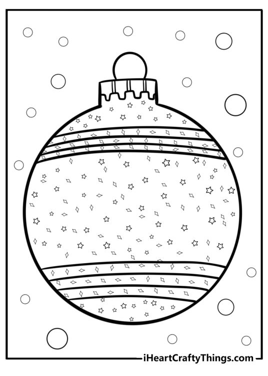 Printable coloring sheet featuring striped Christmas ornament with sparkles and circles all around it