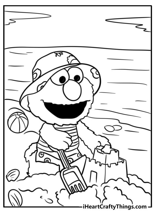 Detailed drawing for children presenting Elmo featured at the beach building sand castle