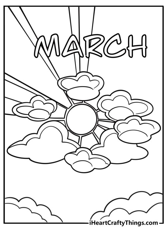 Sun peeking through clouds in March sky coloring page