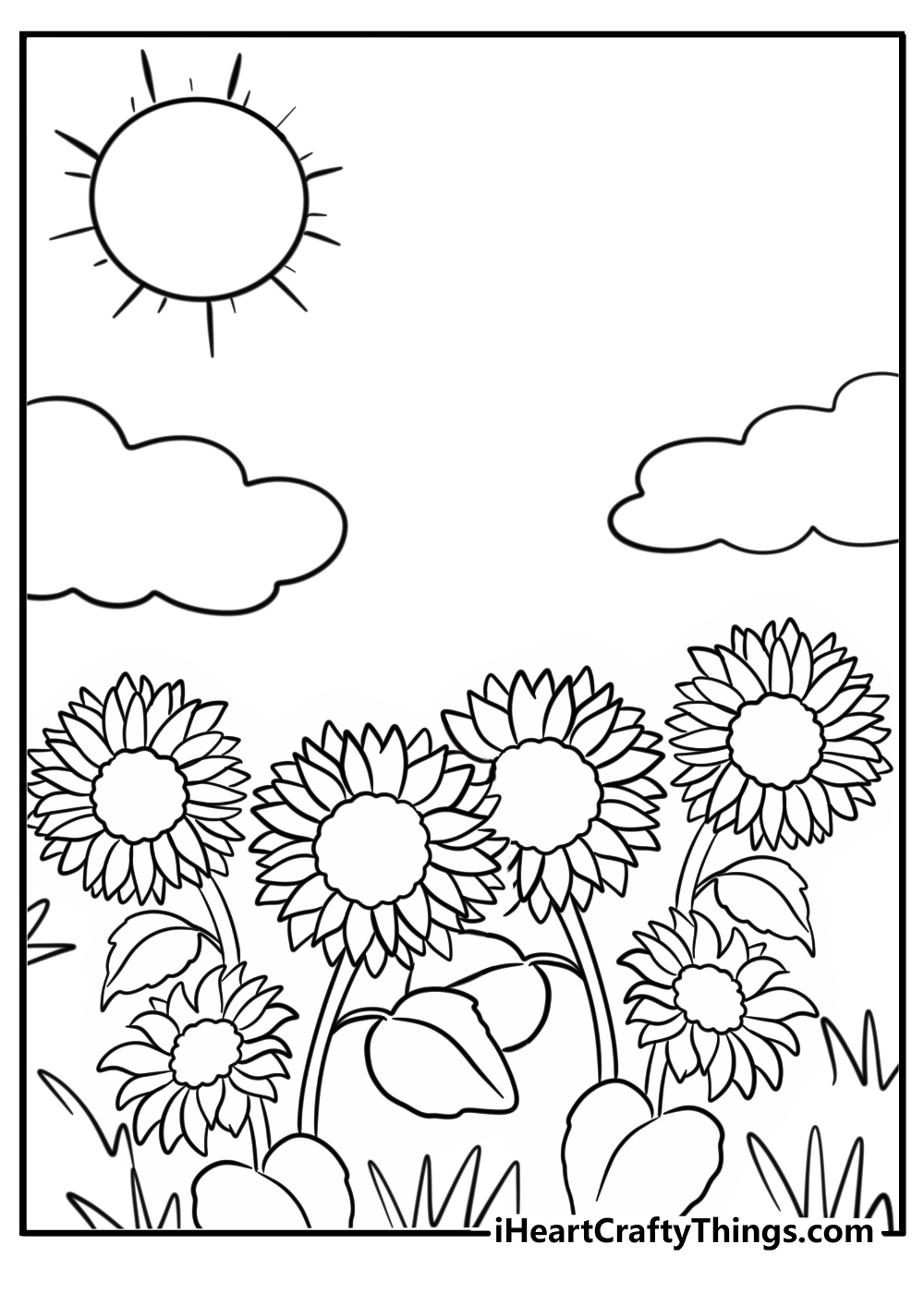 Sunflowers in a bright garden free coloring page pdf