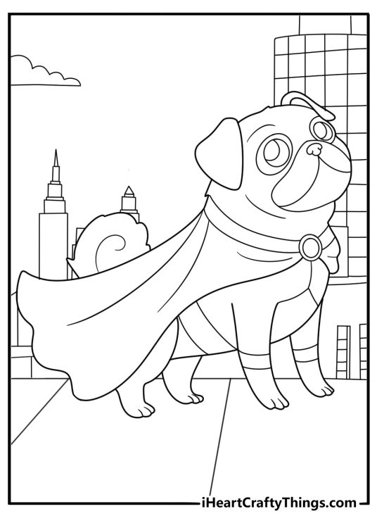 superhero pug coloring pdf pug in cape standing on rooftop easy fun for kids