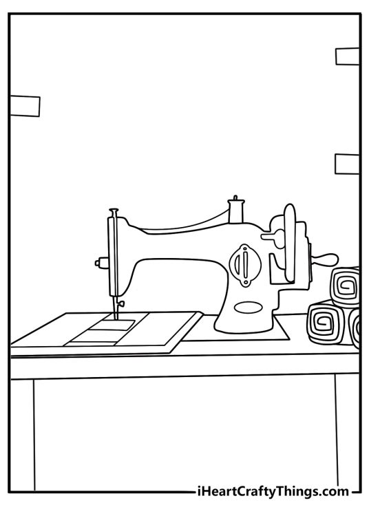 tailor at sewing machine with fabric roll detailed coloring printable pdf
