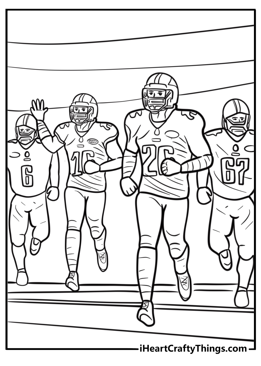 Team running onto the field fun football coloring sheet