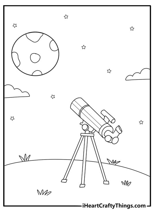 telescope on hill viewing the moon coloring page easy printable
