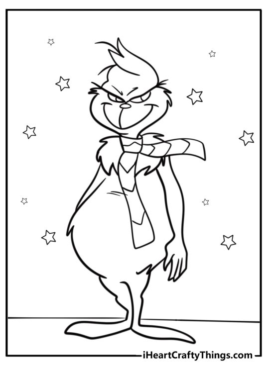 The Grinch and his long scarf blowing in the wind is fun to color