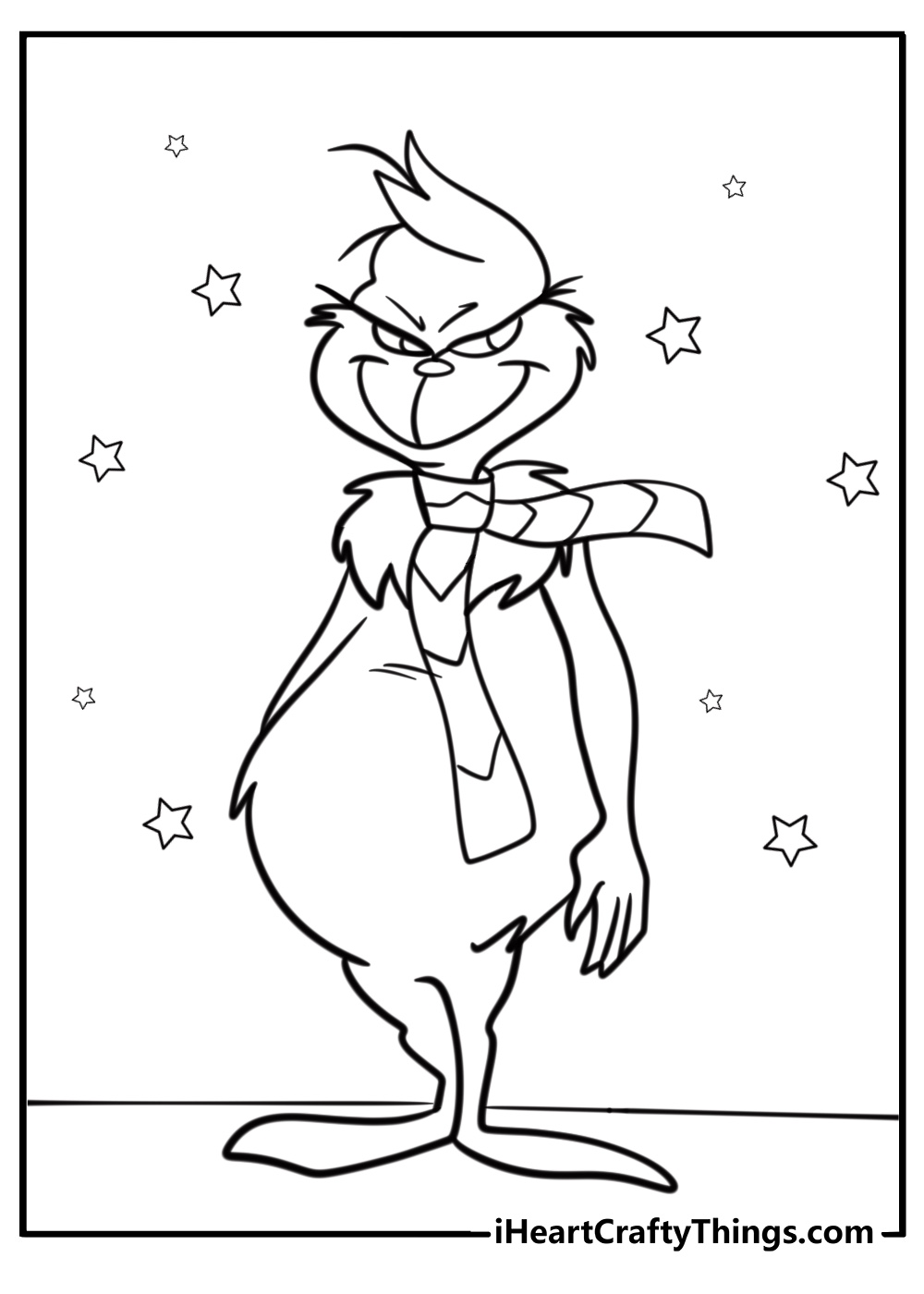 The Grinch and his long scarf blowing in the wind is fun to color