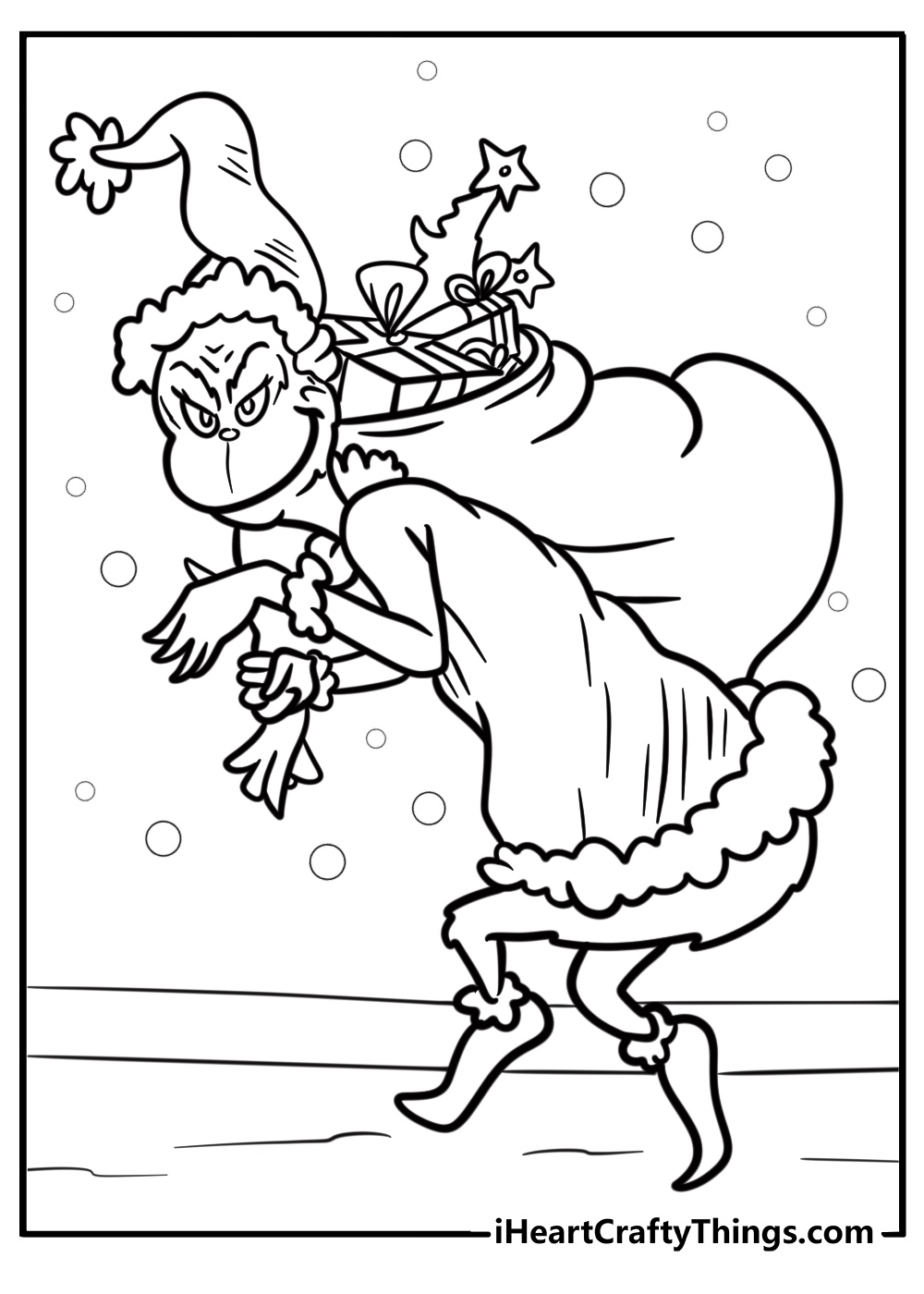 The Grinch carrying a bag of gifts free pdf coloring page