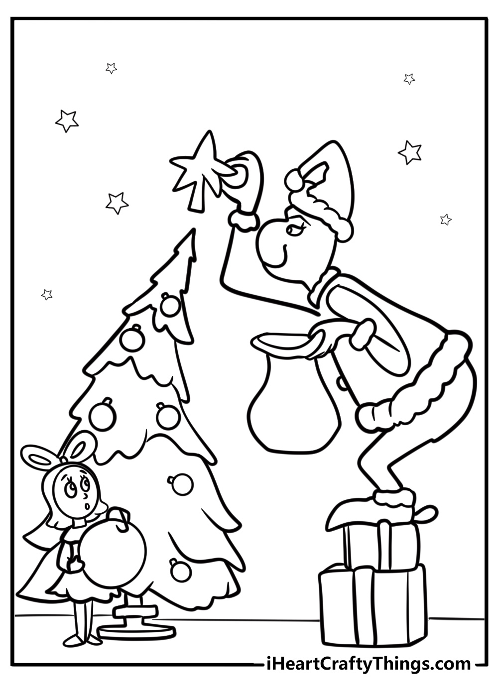 The Grinch hanging Christmas decorations detailed coloring page