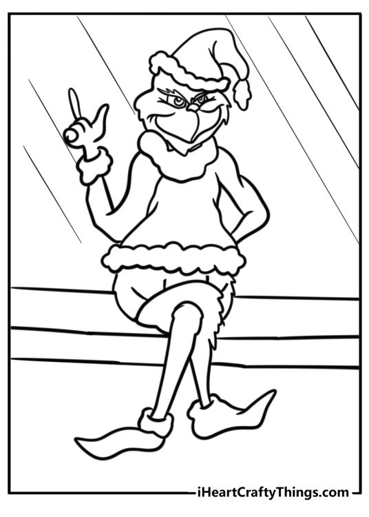 The Grinch sitting and thinking fun printable coloring page