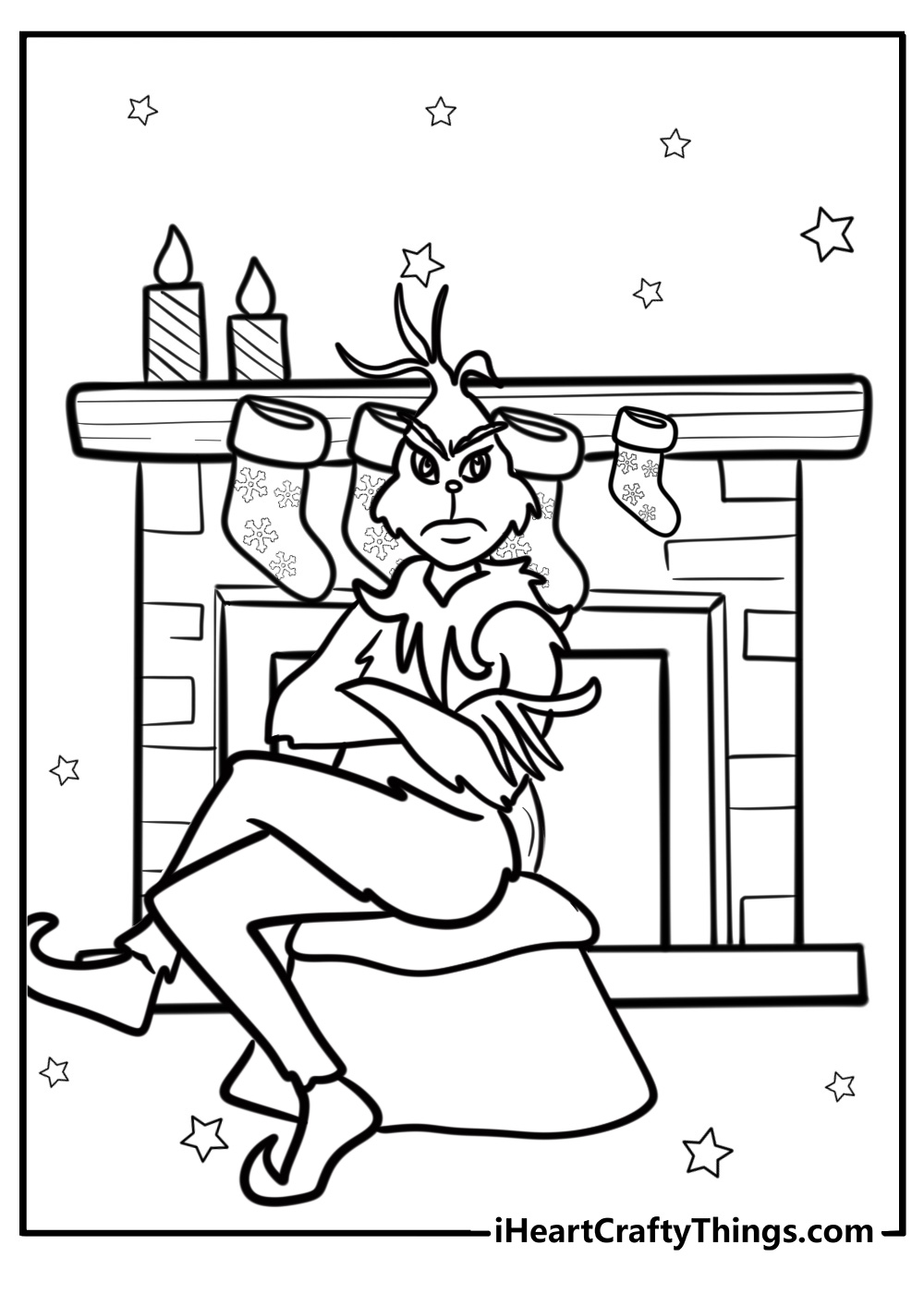 The Grinch sitting by the fireplace detailed coloring page