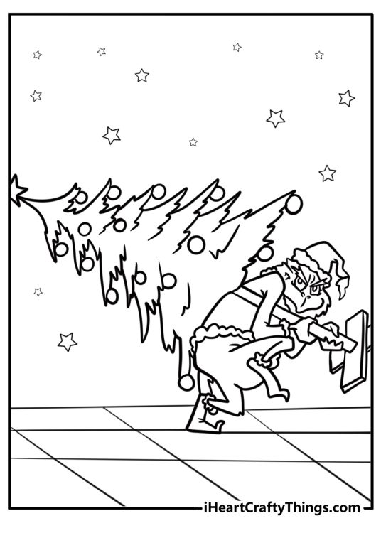 The Grinch stealing Christmas presents detailed coloring sheet