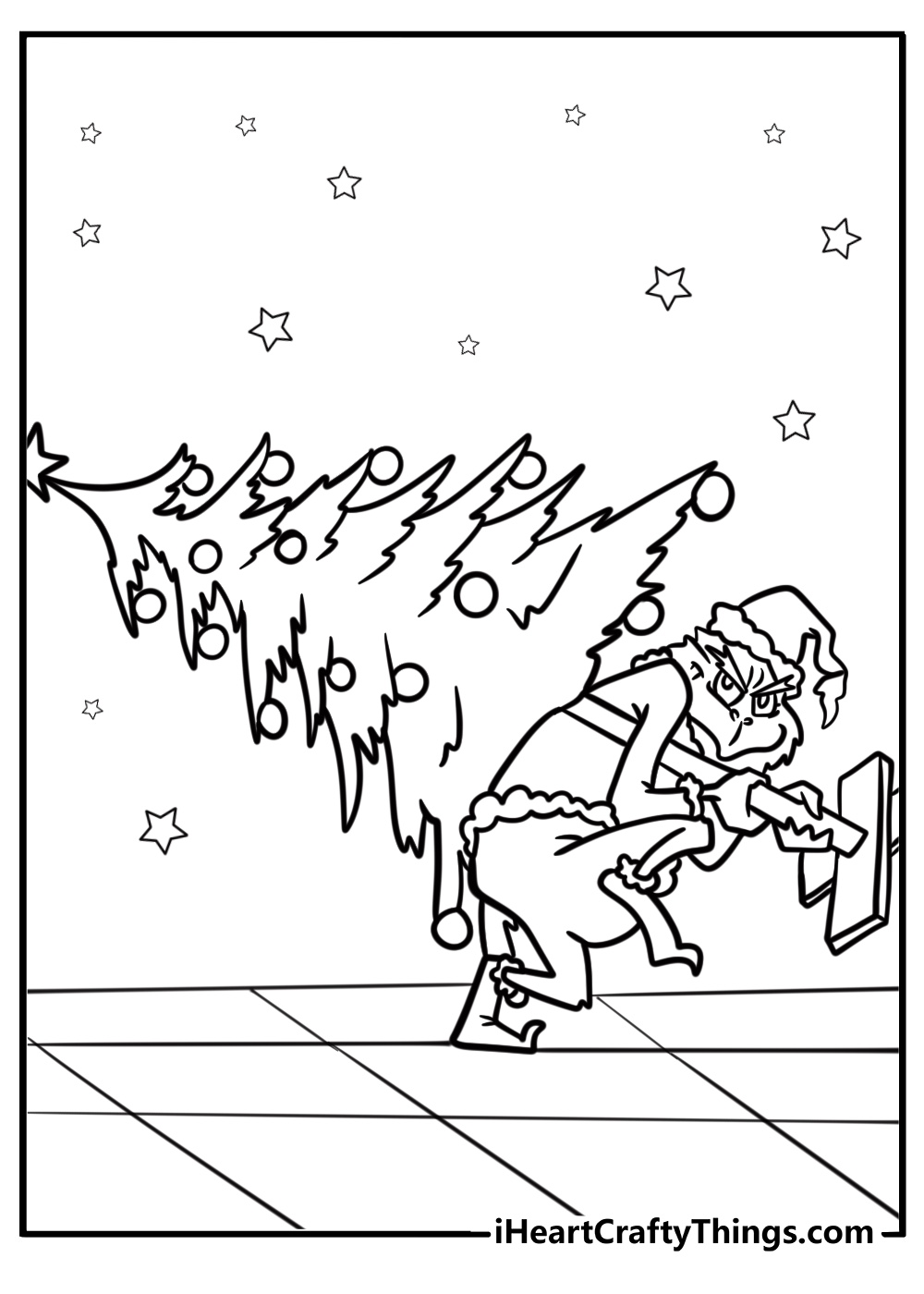 The Grinch stealing Christmas presents detailed coloring sheet