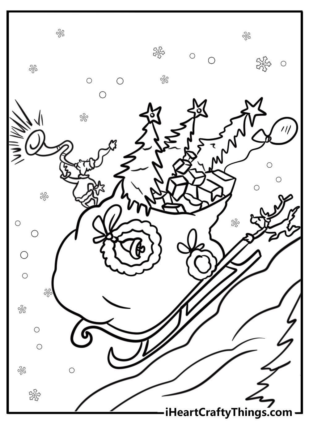 The Grinch's sleigh racing down the snowy mountain free pdf sheet