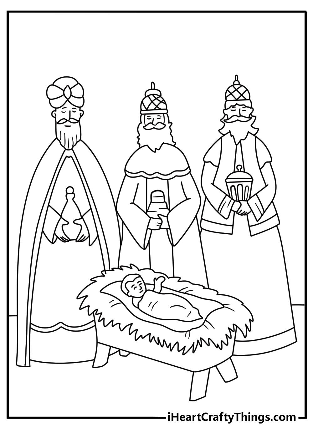 the three kings present their gifts to baby jesus in this christmas coloring sheet