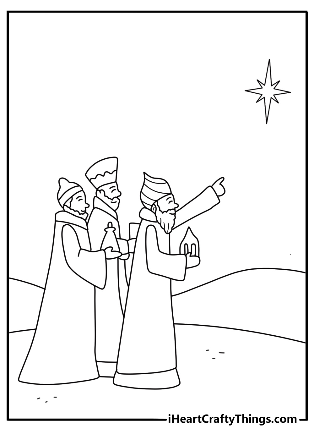 three wise men follow a shining star across the desert in this coloring page