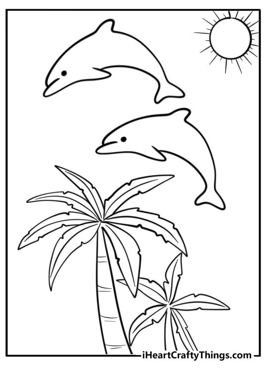 Palm tree-themed coloring picture featuring two dolphins leaping over two palm trees