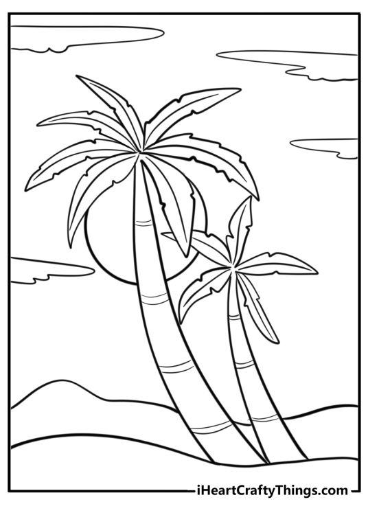 Detailed coloring image presenting two realistic palm trees with a sun clouds and hills in the background