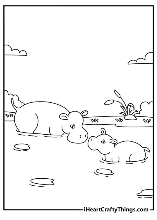 two young hippos play together in shallow water on this animal printable