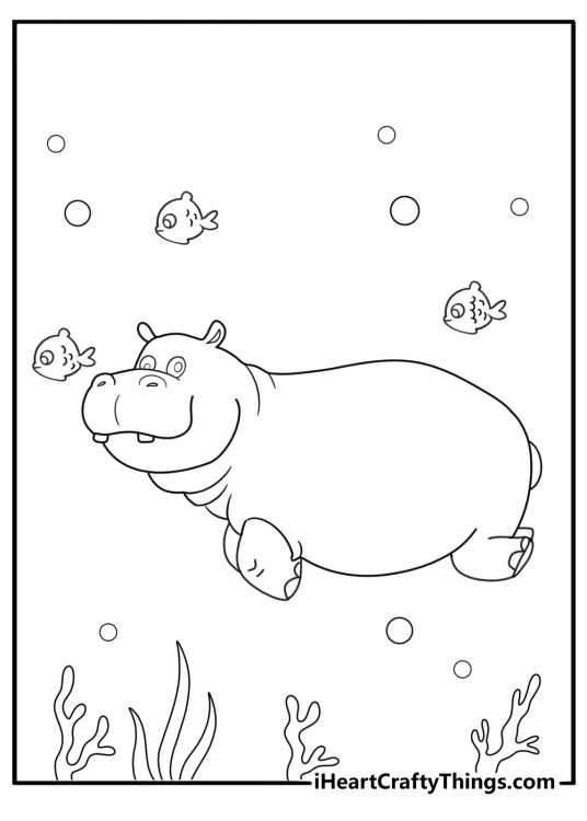 underwater hippo coloring page view from side with bubbles and fish simple printable for kids