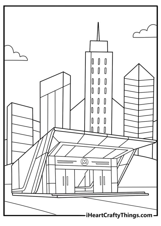 urban coloring sheet subway entrance with big letter m and towers in the distance
